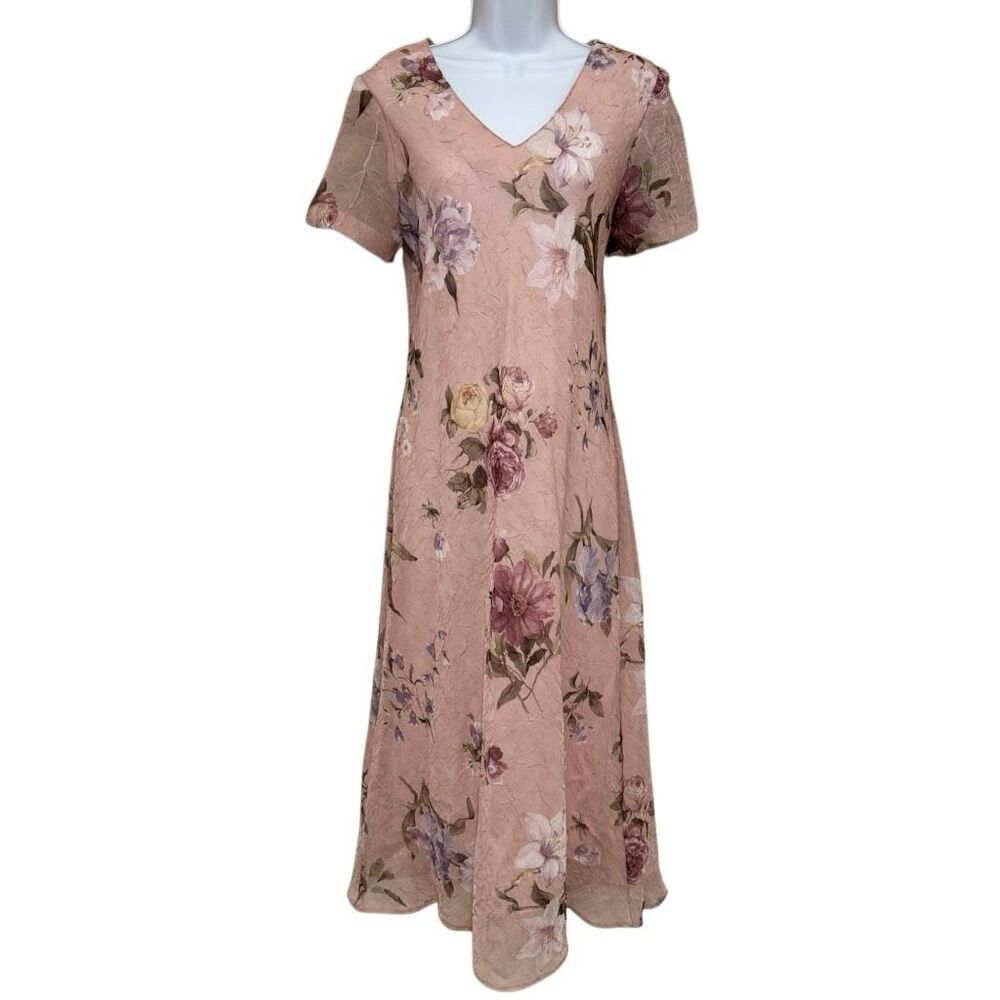 Petite Sophisticate Pink Floral Midi Dress Petite 8P Fairy Garden Party